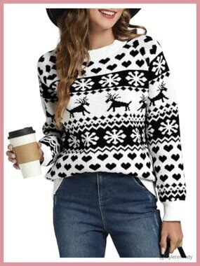 Women's Ugly Christmas Sweater Snowflake Reindeer Knit Pullover Crew Neck